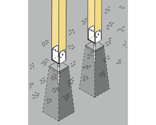 Illustration von zwei Holzpfosten mit Pfostenträger im Boden verankert