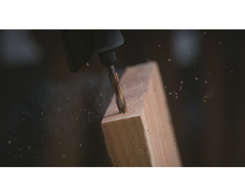 Dremel Werkzeug bohrt in ein Stück Holz