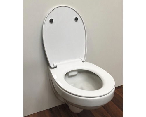 Wandhängendes WC mit offenem Spülrand und hochgeklapptem Toilettendeckel.
