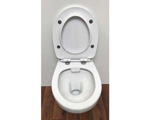 Weißes Tiefspül WC mit offenem Spülrand und Toilettensitz mit Absenkautomatik