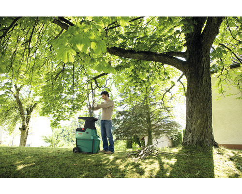 Ein Mann bedient einen Gartenhäcksler unter einem Baum, umgeben von Ästen.