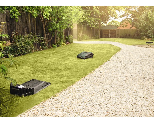 Rasen mit Rasenmähroboter und Ladestation in einem Garten