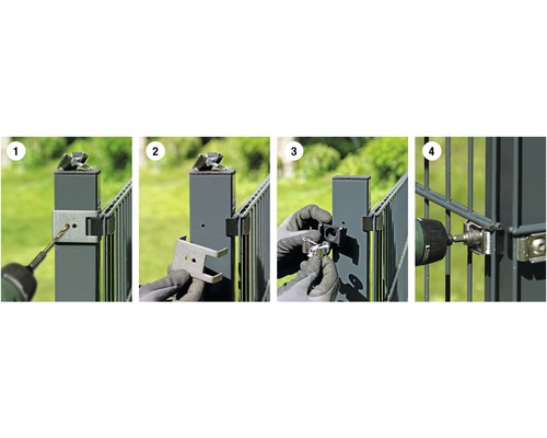 Montageanleitung für einen Zaunpfosten mit Schrauben und einem Akkuschrauber in vier Schritten