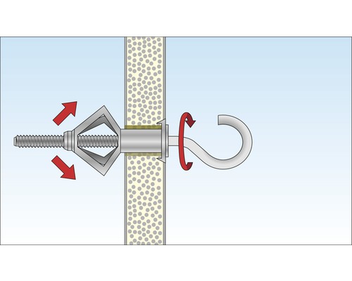 Illustration einer Kippdübel Montage in einer Wand