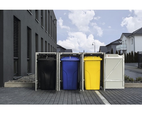 Drei Mülltonnenboxen aus Metall mit Mülltonnen