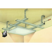 Abbildung einer abgehängten Deckenkonstruktion mit Deckenplatten, Unterkonstruktion und Nivelliergerät