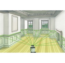 Innenraumszene mit Laser-Nivelliergerät, das grüne Laserlinien an Wänden und Boden projiziert
