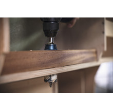 Eine Bohrmaschine bohrt ein Loch in ein Holzbrett.