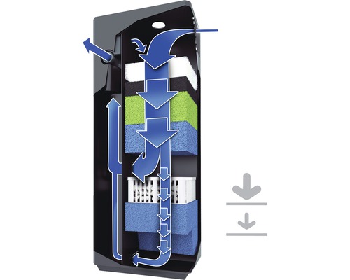 Aquariumfilter mit Filtermedien und Wasserflussrichtung