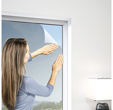 Frau bringt Sichtschutzfolie am Fenster an