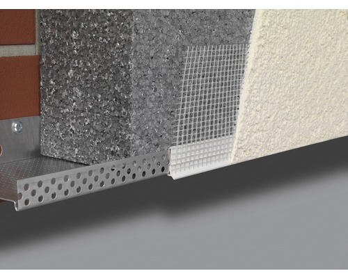 Detail einer Fassadendämmung mit Dämmplatten, Armierungsgewebe und Putzprofil