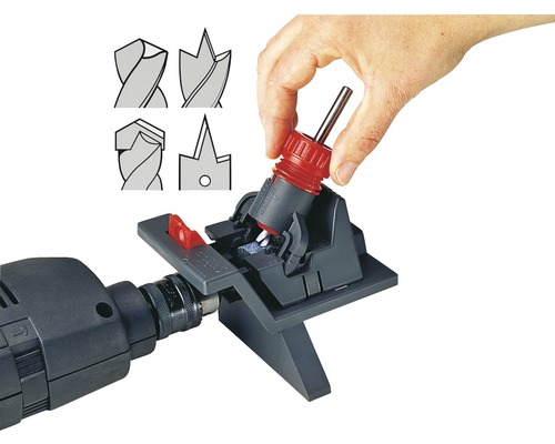 Bohrschärfgerät mit verschiedenen Bohrerprofilen und Bohrmaschine