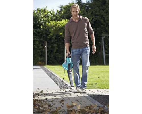 Mann reinigt mit einem Laubbläser einen Gehweg im Garten.