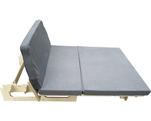 Ausgeklapptes Schlafsofa mit Holzrahmen und grauer Polsterung