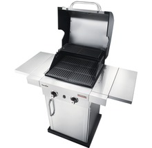 Gasgrill mit zwei Brennern, Seitentischen und offenem Deckel