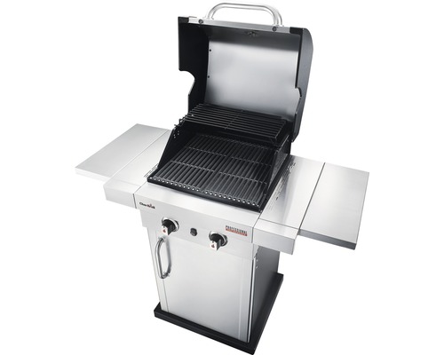 Gasgrill mit zwei Brennern, Seitentischen und offenem Deckel