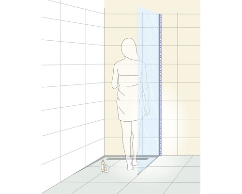 Illustration eines Badezimmers mit Duschabtrennung, Bodenablauf und Person mit Handtuch