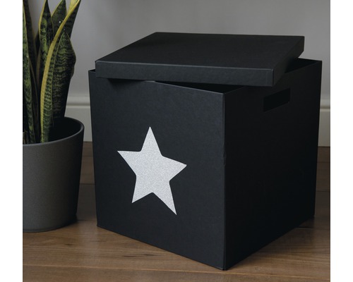 Schwarze Spielzeugkiste mit Stern und Deckel