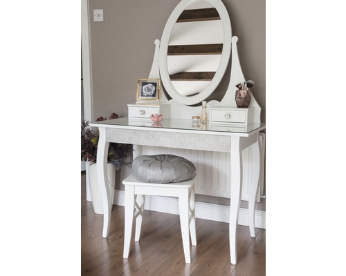 Weißer Schminktisch mit Spiegel und Hocker