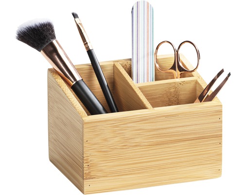 Bambus Organizer mit Kosmetikpinseln, Nagelfeile, Schere und Pinzette