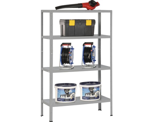 Graues Regal mit Laubbläser, Werkzeugkasten, Kabeltrommeln und Farbeimern