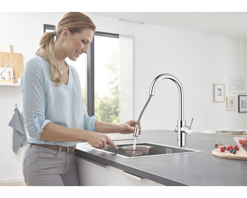 Frau spült Beeren in einem Sieb unter einem Küchenarmatur mit Ausziehbrause.