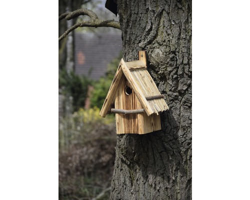 Vogelhaus aus Holz am Baum befestigt