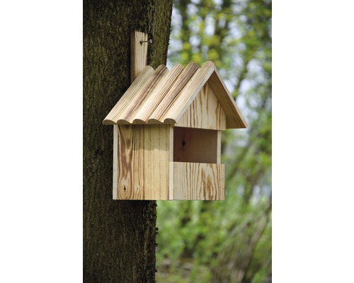 Holzvogelhaus an einem Baum befestigt