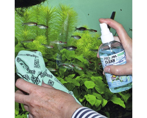 Reinigung eines Aquariums mit JBL Reiniger und Tuch