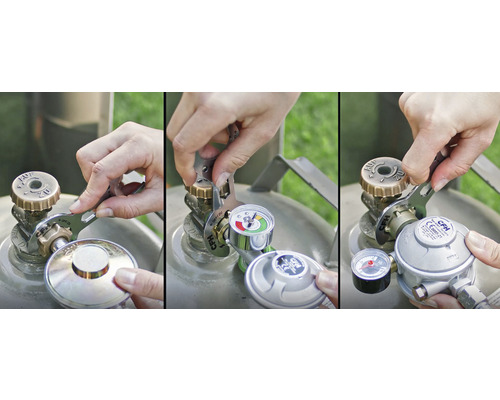 Person montiert einen Gasdruckregler an einer Gasflasche