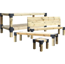 Holzmöbelset mit Tisch, Bank mit Rückenlehne, Bank und Hocker