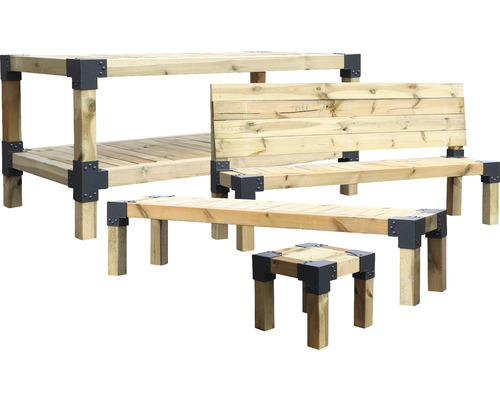 Holzmöbelset mit Tisch, Bank mit Rückenlehne, Bank und Hocker