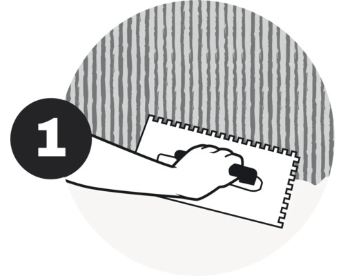 Illustration einer Hand mit Zahnspachtel vor einer Wand, Schritt 1