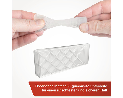 Transparenter Türstopper aus elastischem Material wird von Händen gehalten