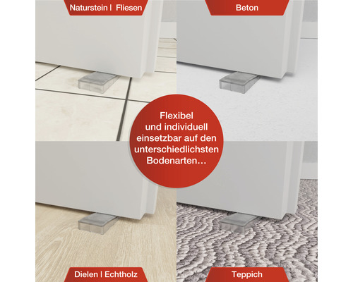 Anwendungsbeispiele eines Möbelkeils auf Natursteinfliesen, Beton, Dielen aus Echtholz und Teppichboden.