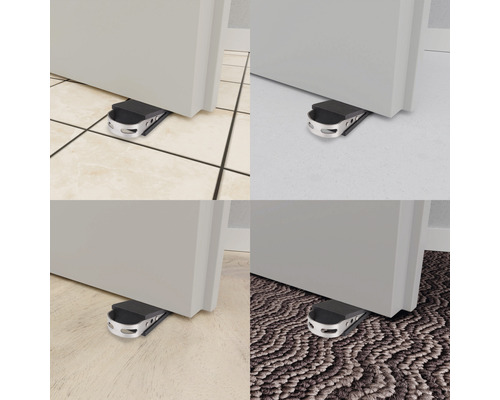 Vier Ansichten eines Türstoppers unter einer Tür auf Fliesen, Teppich, Laminat und einem anderen Bodenbelag