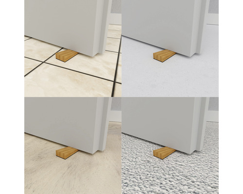 Collage zeigt einen Türstopper aus Holz unter verschiedenen Türen auf unterschiedlichen Bodenbelägen