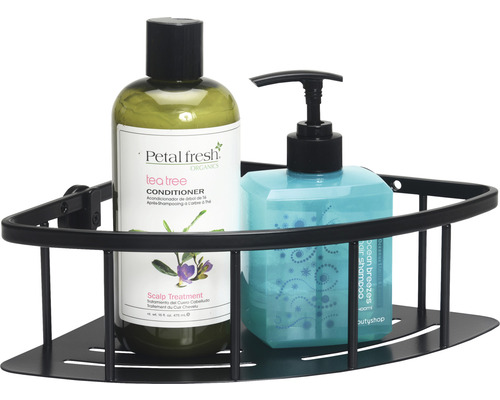 Schwarzes Eckregal mit Shampoo und Spülung