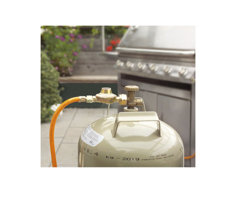 Gasflasche mit Druckminderer und Gasschlauch vor einem Grill