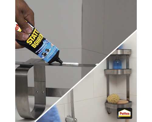 "Aufgeteiltes Bild: Klebstoff wird auf ein Metallobjekt aufgetragen