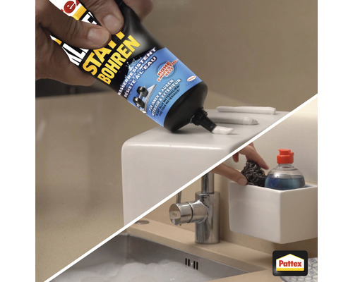 Tube Montagekleber wird auf ein Waschbecken aufgetragen, während ein Spülbecken mit Spülmittel gefüllt ist.