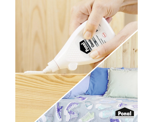 Auftragen von Ponalleim auf Holz, im Hintergrund ein Bett mit Schuhmuster.