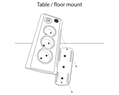 Illustration einer Tisch- beziehungsweise Bodenmontage Steckdosenleiste.
