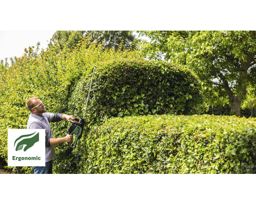Mann schneidet Hecke mit einer Heckenschere. Ergonomisch Symbol.