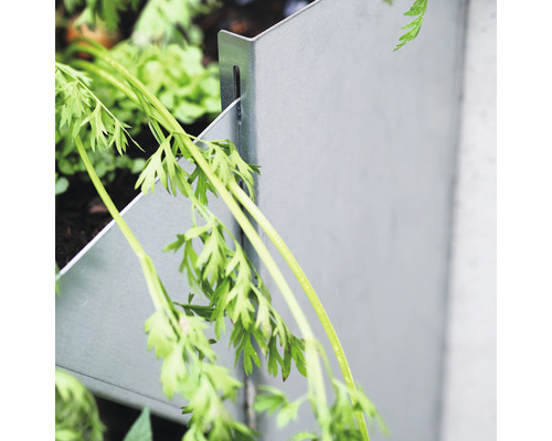 Detailansicht eines Hochbeets aus Metall mit Pflanzen