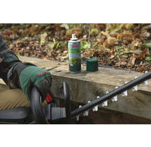 Bosch Logo. Person mit Gartenhandschuhen und Heckenschere neben einer Sprühdose für Heckenscherenpflege auf einer Holzoberfläche.