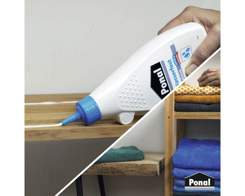 Auftragen von wasserfestem Ponalleim auf Holz. Ponalleim Logo.