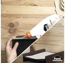 Auftragen von Holzleim mit einer Holzleimflasche, Ponal Logo