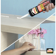 Anwendung von Pattex Montagekleber zum Anbringen von Dekoration auf einem Holzregal, Pattex Logo