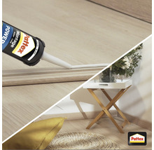 Anwendung von Pattex Montagekleber auf einer Holzleiste und eine Szene mit Beistelltisch, Kissen und Teppich.
